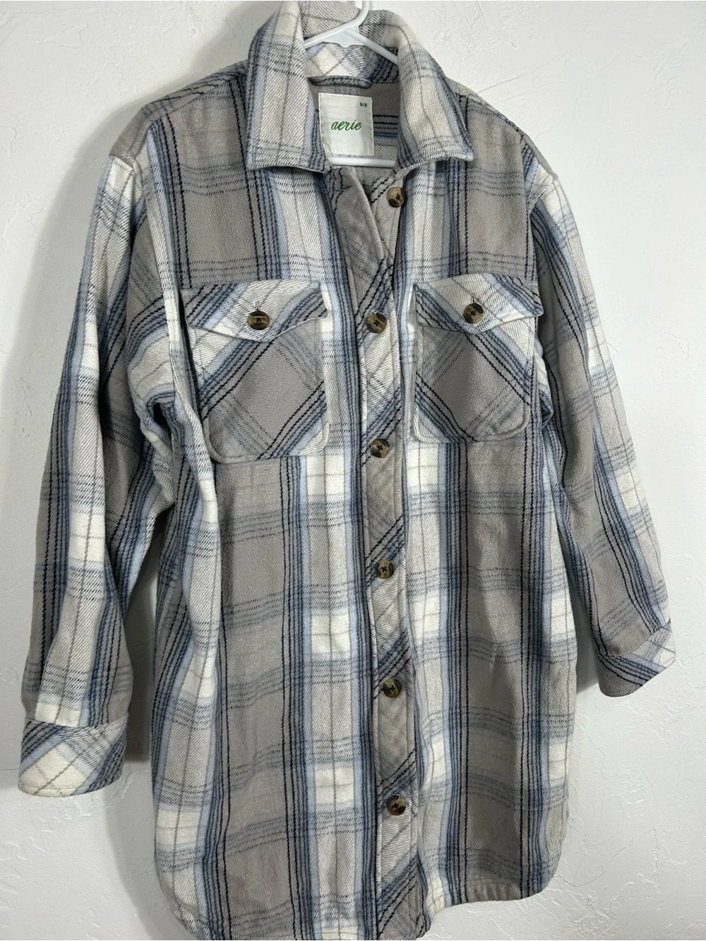 Aerie Oversized Plaid Cotton Flannel Long Shacket Chilly Blue Grey Button Up M